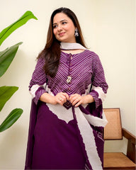 Women Purple Cotton Discharge Print Kurta Pant and Dupatta set