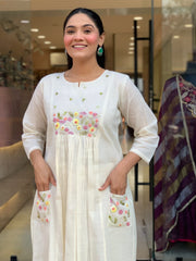 Women White Cotton Embroidery on Pocket Kurta Pant and Dupatta set