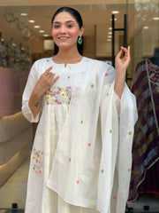 Women White Cotton Embroidery on Pocket Kurta Pant and Dupatta set
