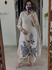 Women White Cotton Embroidery Kurta Pant and Dupatta set