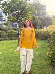 Women Yellow Cotton Evil eye Embroidery Kurta Pant set