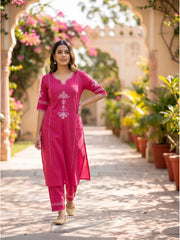 Women Pink Cotton Embroidery Kurta Pant set
