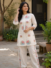 Women White Cotton Embroidery Flowers Co-Ord set