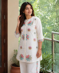 Women White Cotton Embroidery Flowers Co-Ord set