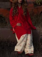 Women Red Cotton Evil eye Embroidery Kurta Pant set