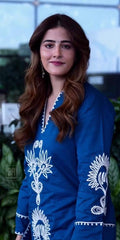 Women Navy Blue Cotton Embroidery Aari Work Co-Ord set