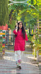 Women Pink Cotton Embroidery Pant Co-Ord set
