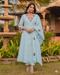 Women Blue Cotton Embroidery Boutique Kurta Pant and Dupatta set