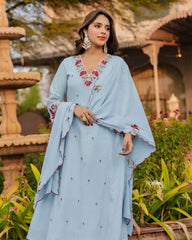Women Blue Cotton Embroidery Boutique Kurta Pant and Dupatta set