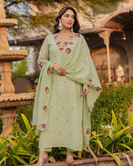 Women Green Cotton Embroidery Boutique Kurta Pant and Dupatta set
