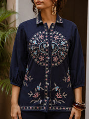 Women Navy Blue Cotton Embroidery Collar Co-Ord set