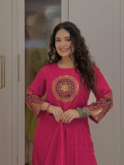 Women Rani Pink Cotton Embroidery Chakri Kurta Pant and Dupatta set