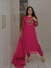 Women Rani Pink Cotton Embroidery Chakri Kurta Pant and Dupatta set