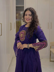 Women Navy Blue Cotton Embroidery Chakri Kurta Pant and Dupatta set
