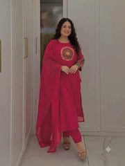 Women Rani Pink Cotton Embroidery Chakri Kurta Pant and Dupatta set