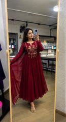 Women Maroon Cotton Embroidery Bird Kurta Pant and Dupatta set