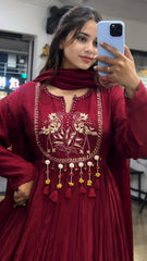 Women Maroon Cotton Embroidery Bird Kurta Pant and Dupatta set