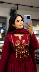 Women Maroon Cotton Embroidery Bird Kurta Pant and Dupatta set
