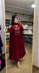 Women Maroon Cotton Embroidery Bird Kurta Pant and Dupatta set