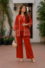 Women Rust cotton Embroidery Jacket Style Co-Ord set