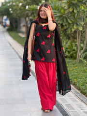 Women Black-Red Cotton Heart Embroidery Kurta Pant and Dupatta set