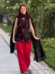 Women Black-Red Cotton Heart Embroidery Kurta Pant and Dupatta set