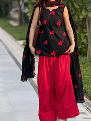 Women Black-Red Cotton Heart Embroidery Kurta Pant and Dupatta set