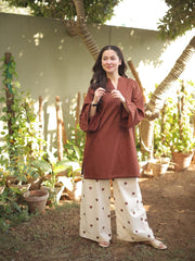 Women Brown Cotton Heart Embroidery Palazzo Co-Ord set