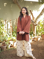 Women Brown Cotton Heart Embroidery Palazzo Co-Ord set