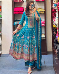 Women Blue Chinnon Rajasthani Anarkali Kurta Pant and Dupatta set