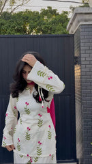 Women White Cotton Berry Kurta Pant and Pink Dupatta set