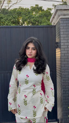 Women White Cotton Berry Kurta Pant and Pink Dupatta set