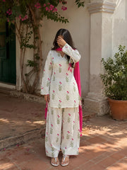 Women White Cotton Berry Kurta Pant and Pink Dupatta set