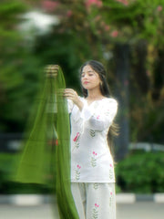 Women White Cotton Berry Kurta Pant and Green Dupatta set