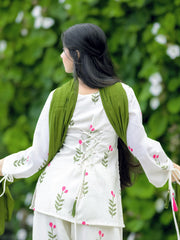 Women White Cotton Berry Kurta Pant and Green Dupatta set