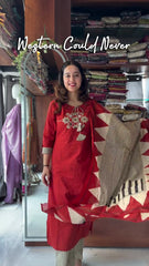 Women Red Cotton Mirror Work Kurta Pant and Dupatta set