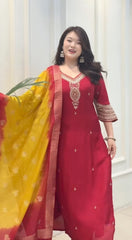Women Red Kanjivaram Silk Kurta Pant and Dupatta set