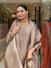 Women Rose Gold Kanjiivaram Silk Kurta Pant and Dupatta set