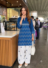 Women Blue Cotton Zigzag Co-Ord set