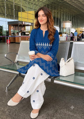 Women Blue Cotton Zigzag Co-Ord set