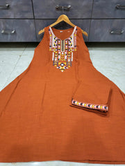 Women Rust Cotton Embroidery Sleeveless Kurta Pant set