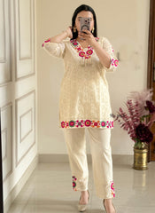 Women White Chikankari Schiffley Cotton Embroidery Co-Ord set