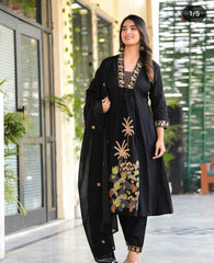 Women Black NRI Embroidery Cotton Kurta Pant and Dupatta set