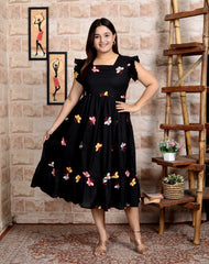 Women Black Butterfly Embroidery Middi Gown