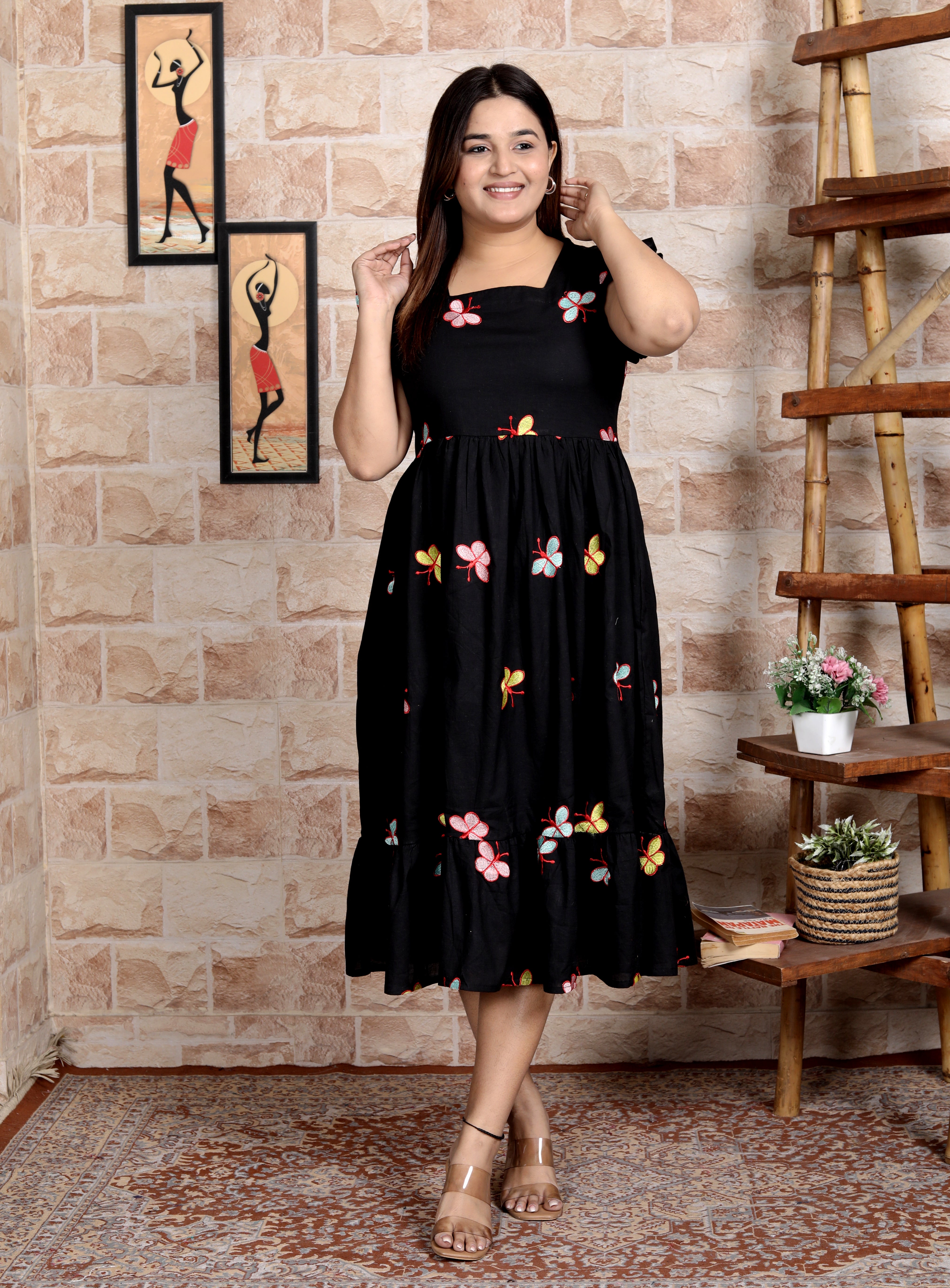 Women Black Butterfly Embroidery Middi Gown