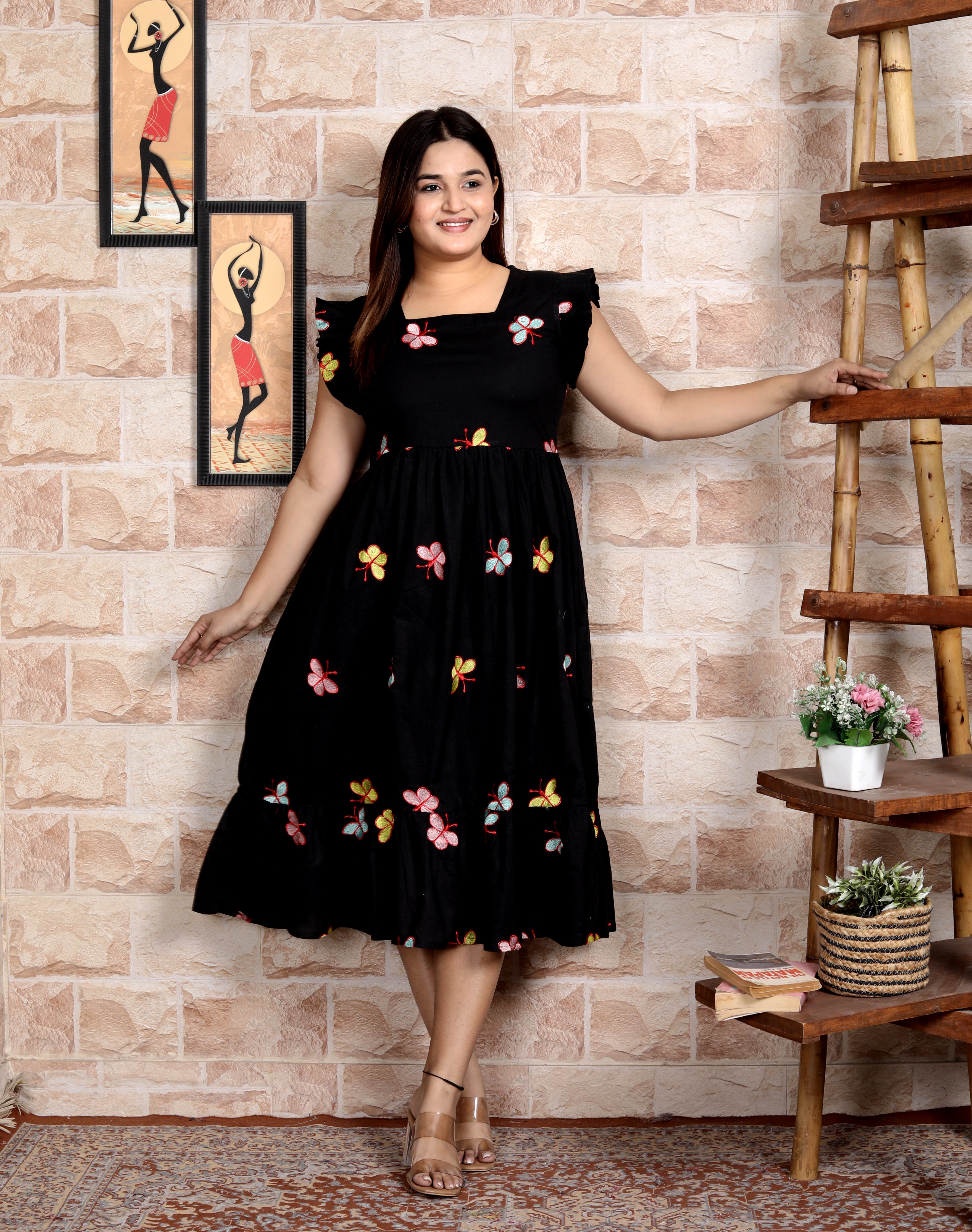 Women Black Butterfly Embroidery Middi Gown