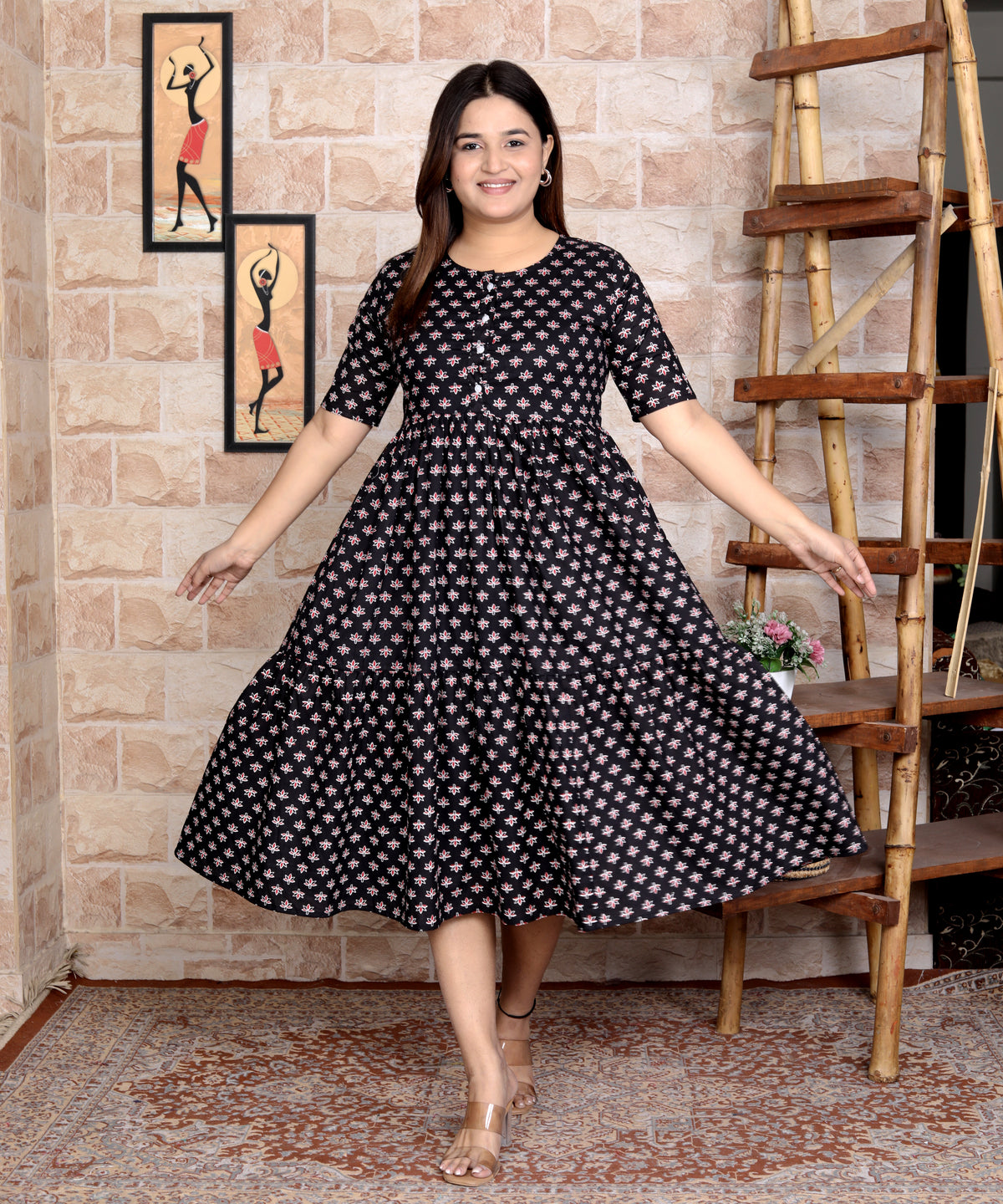 Women Black Cotton Flowers Middi Gown