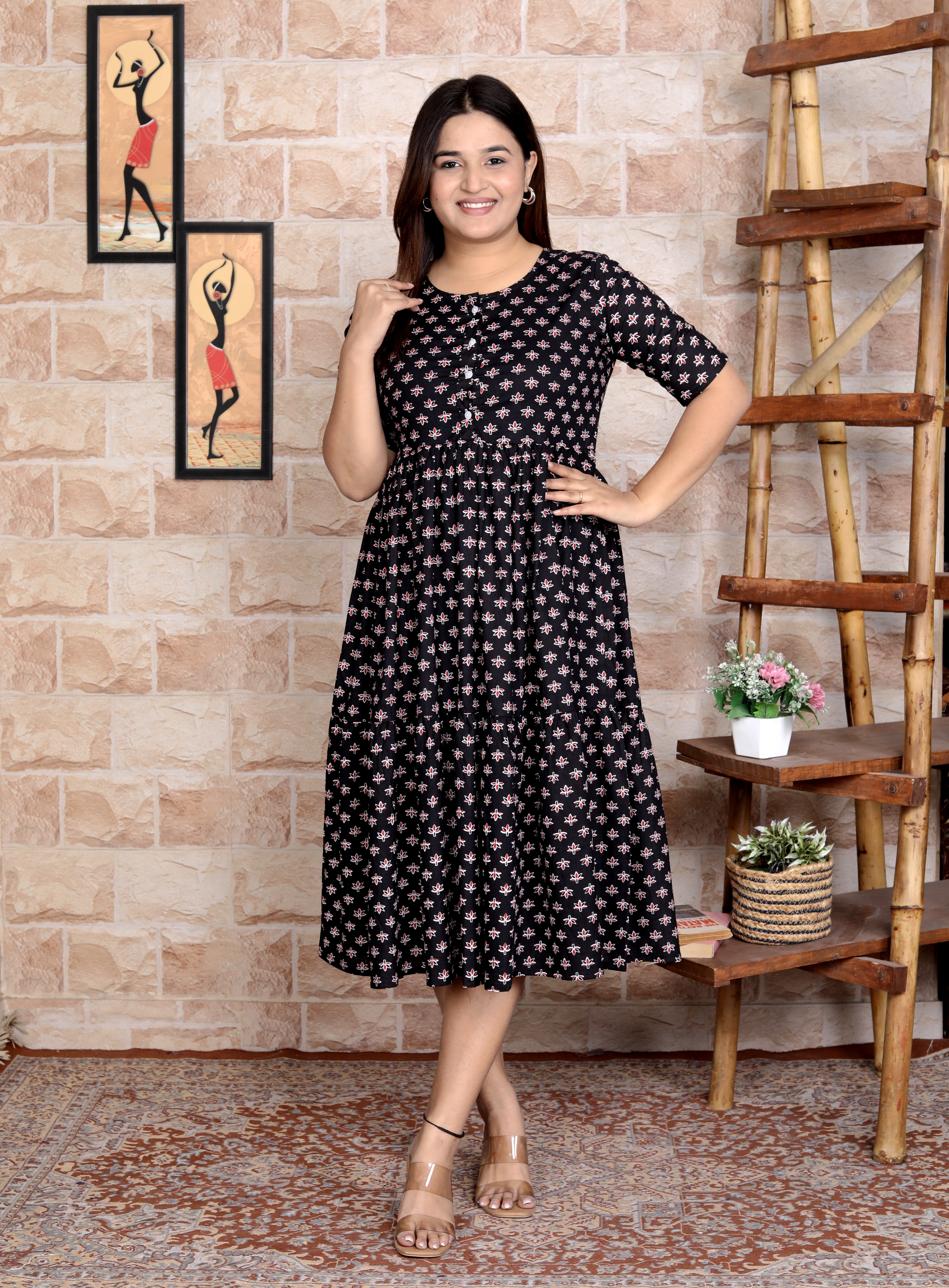 Women Black Cotton Flowers Middi Gown