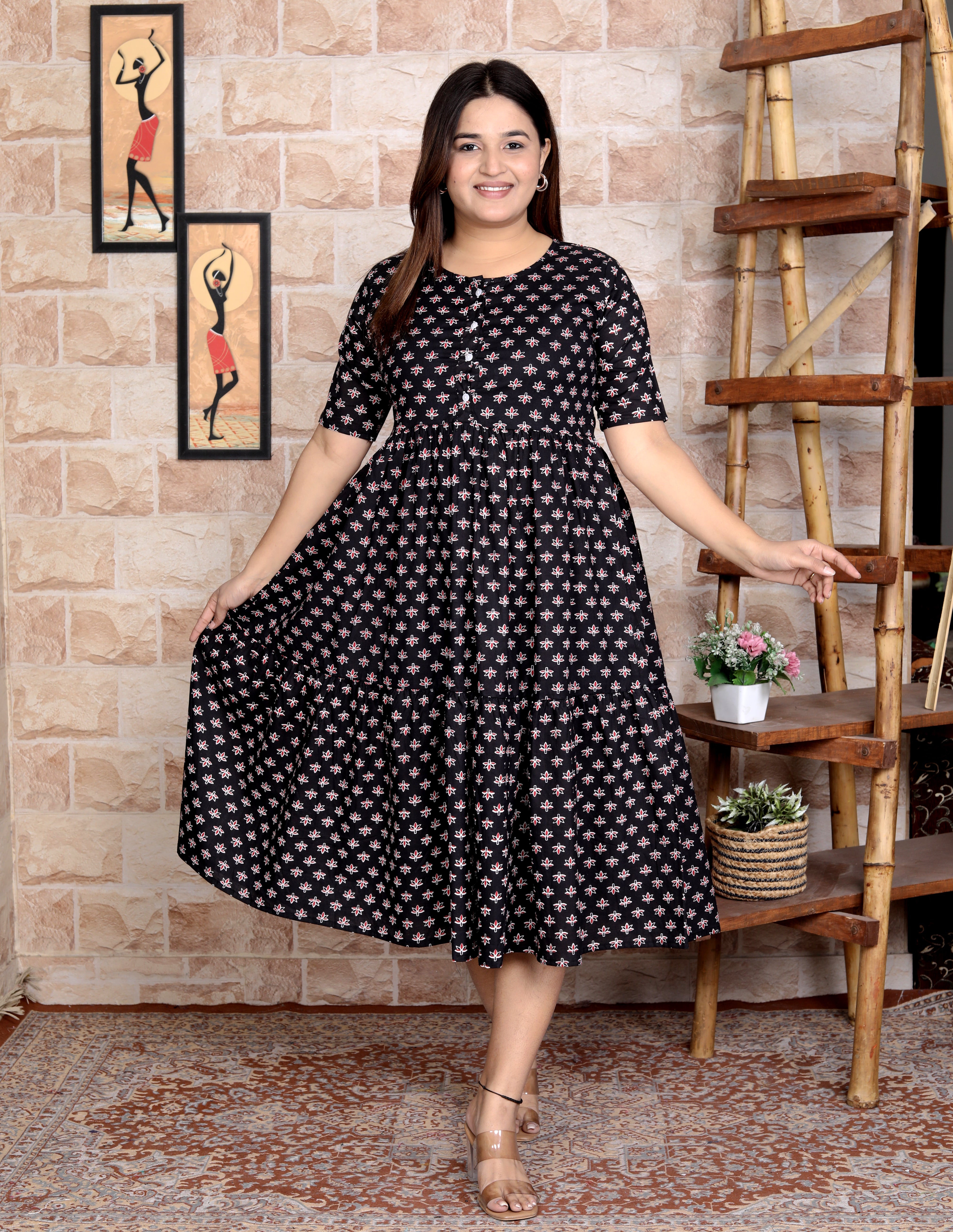 Women Black Cotton Flowers Middi Gown