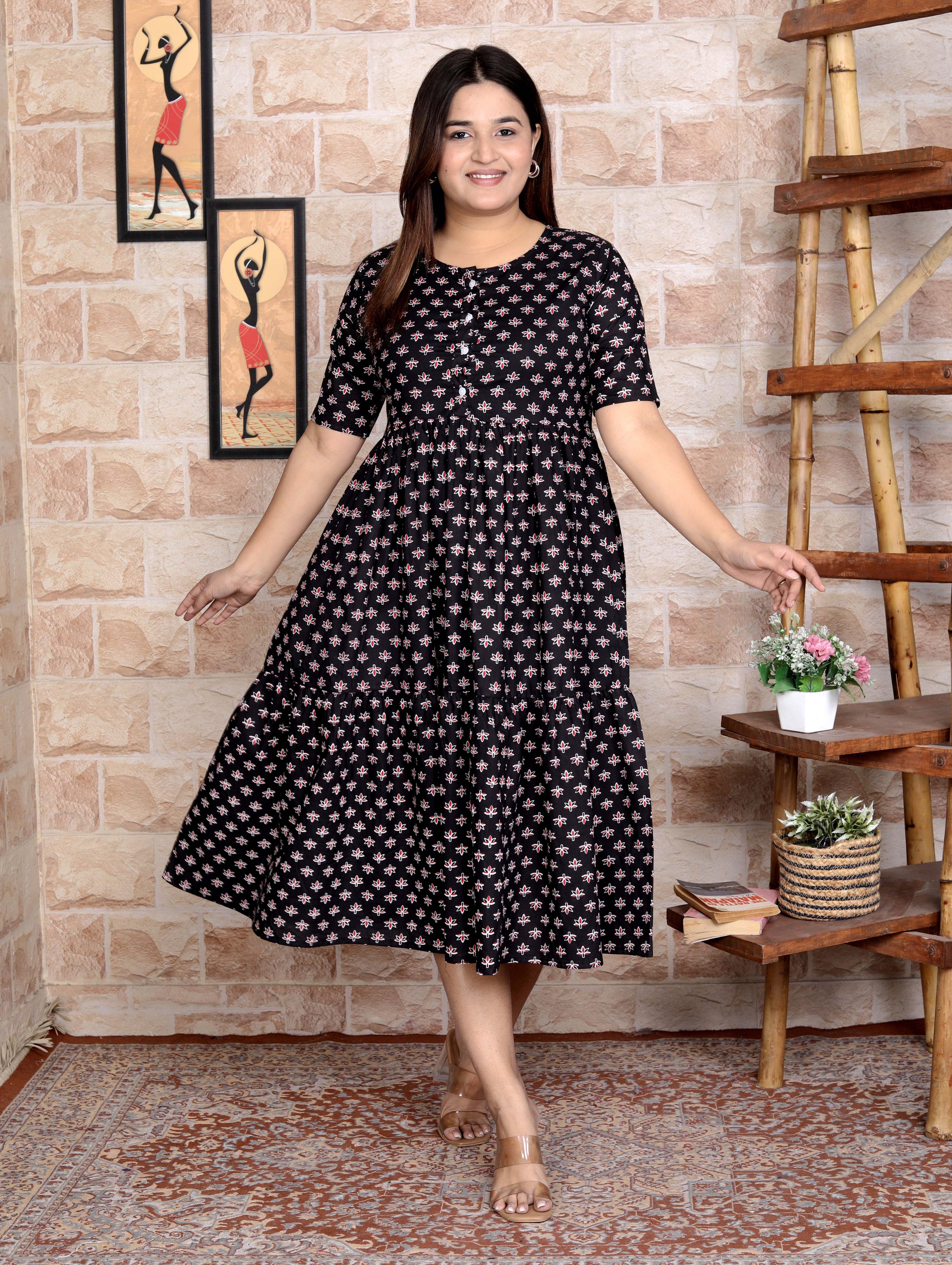 Women Black Cotton Flowers Middi Gown